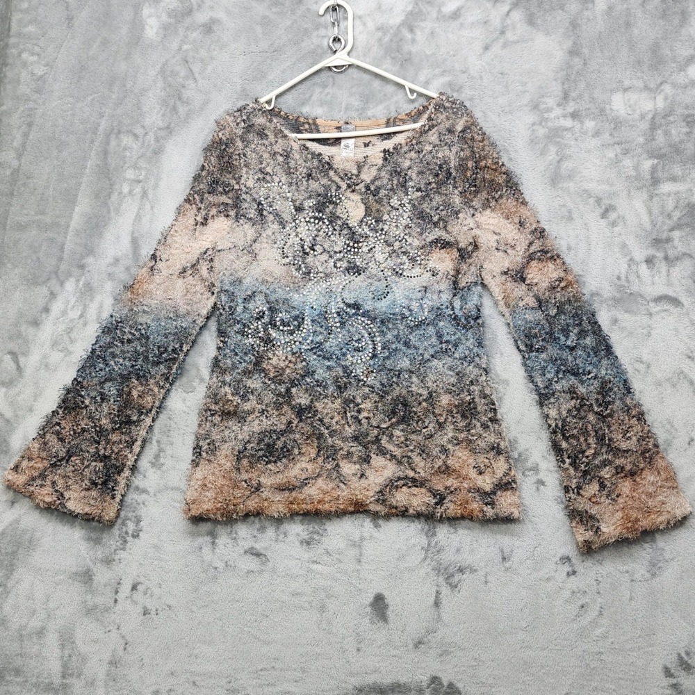 Vintage Y2K S-Twelve‎ Sweater Womens L Brown Blue Fuzzy Knit Studded Rhinestone